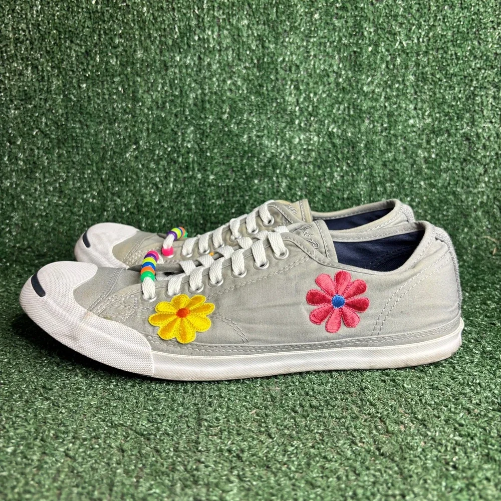 Converse Jack Purcell Floral Embroidered Beaded Hippie Sneakers Grey Womens 10.5